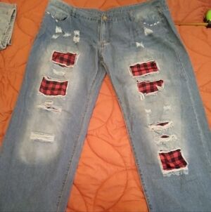 Distressed Light Wash Jeans with Red Plaid Patch Details Size 3XL WIDE LEG